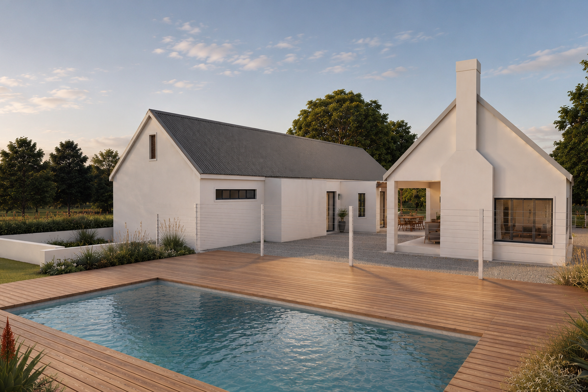 A modern farmhouse-style home featuring a swimming pool with timber decking, a covered patio, and a clean white exterior with a metal roof.