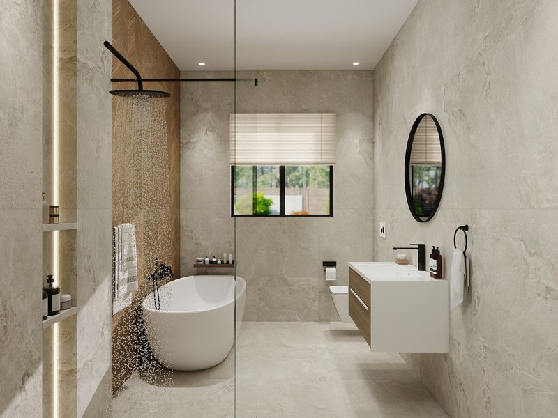 Modern luxury bathroom featuring a freestanding bathtub, wall-mounted vanity, wall-hung toilet, and a spacious walk-in shower with premium stone-look tiling.