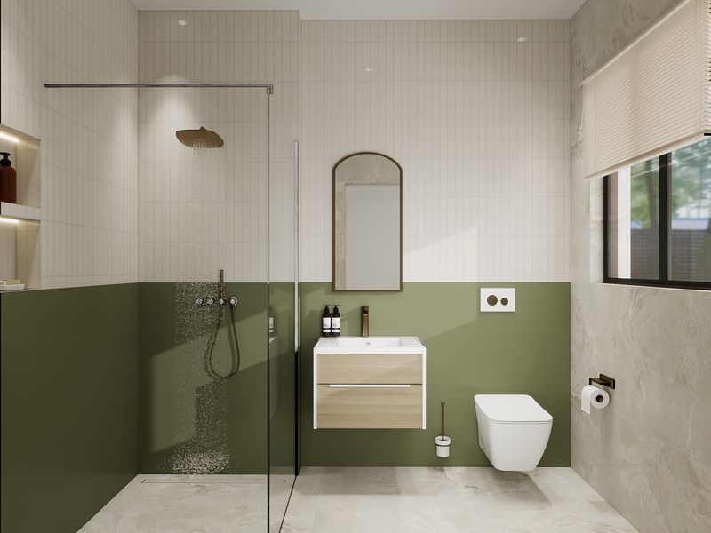 Modern bathroom featuring a walk-in shower with glass screen, wall-mounted vanity, wall-hung toilet, and stylish two-tone tiled walls.