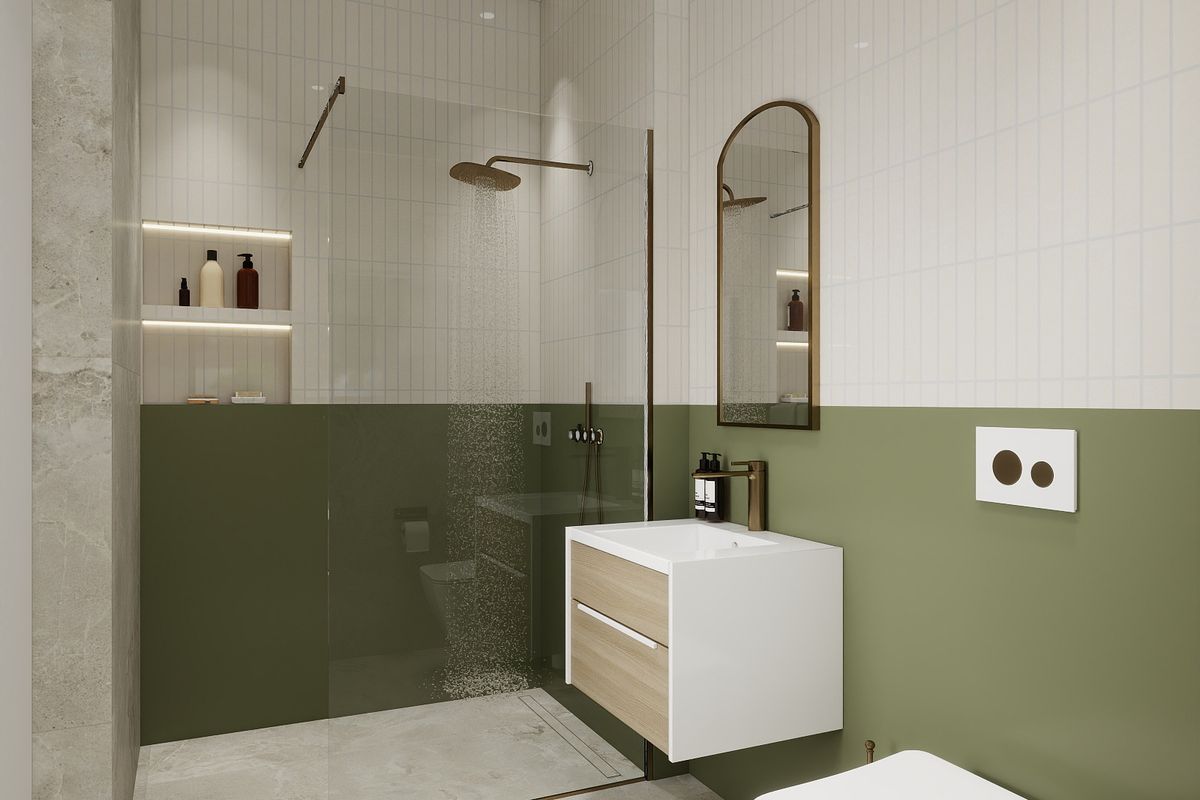 Modern bathroom featuring a walk-in shower with rain head, wall-hung vanity, and contemporary green and white tiled finishes.