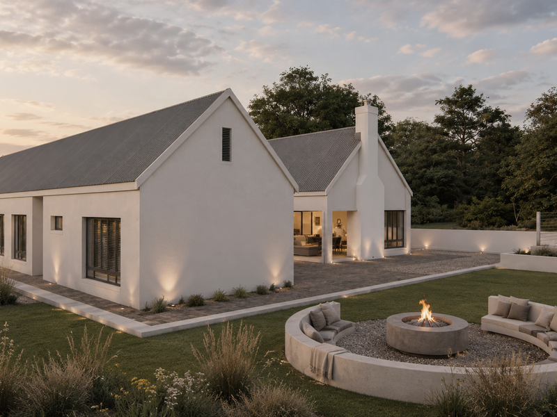 A beautifully landscaped rear exterior featuring a modern farmhouse design, a built-in circular fire pit, and well-maintained garden areas with ambient lighting.