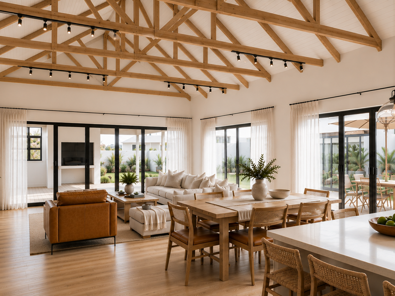 Spacious open-plan living and dining area featuring high vaulted ceilings with exposed timber trusses, modern track lighting, and seamless access to the outdoor patio.