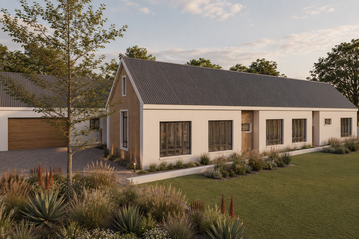 Modern single-story residence featuring a corrugated metal roof, timber accents, a paved driveway, and a well-maintained landscaped garden.