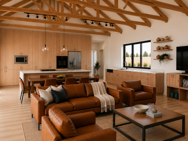 Spacious open-plan living area featuring high vaulted ceilings with exposed timber trusses, modern cabinetry, and a seamless kitchen design with integrated appliances.