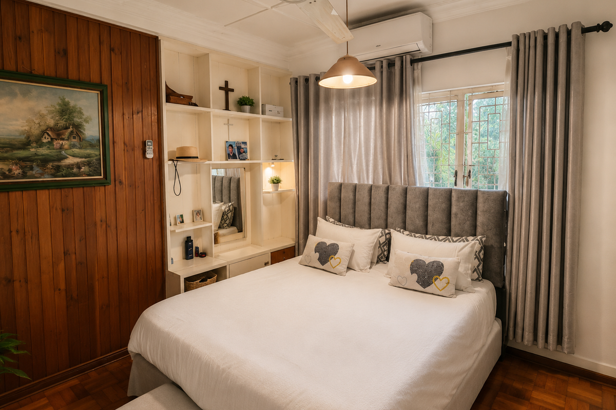 A well-maintained bedroom featuring warm timber wall paneling, parquet flooring, built-in shelving, and a split-system air conditioner for climate control.