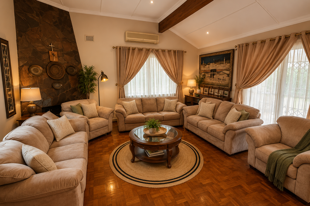 Spacious living room featuring a striking stone fireplace, warm parquet flooring, exposed timber ceiling beams, and large windows with elegant drapery.