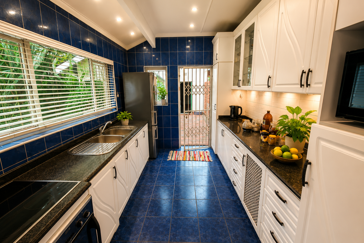 A well-maintained galley kitchen featuring white cabinetry, dark granite countertops, blue tiled walls, and direct access to an outdoor area via a security gate.