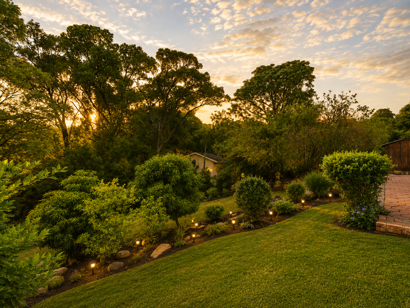A beautifully landscaped garden at sunset, featuring mature trees, manicured lawn, brick pathways, and integrated low-voltage lighting for an inviting outdoor atmosphere.