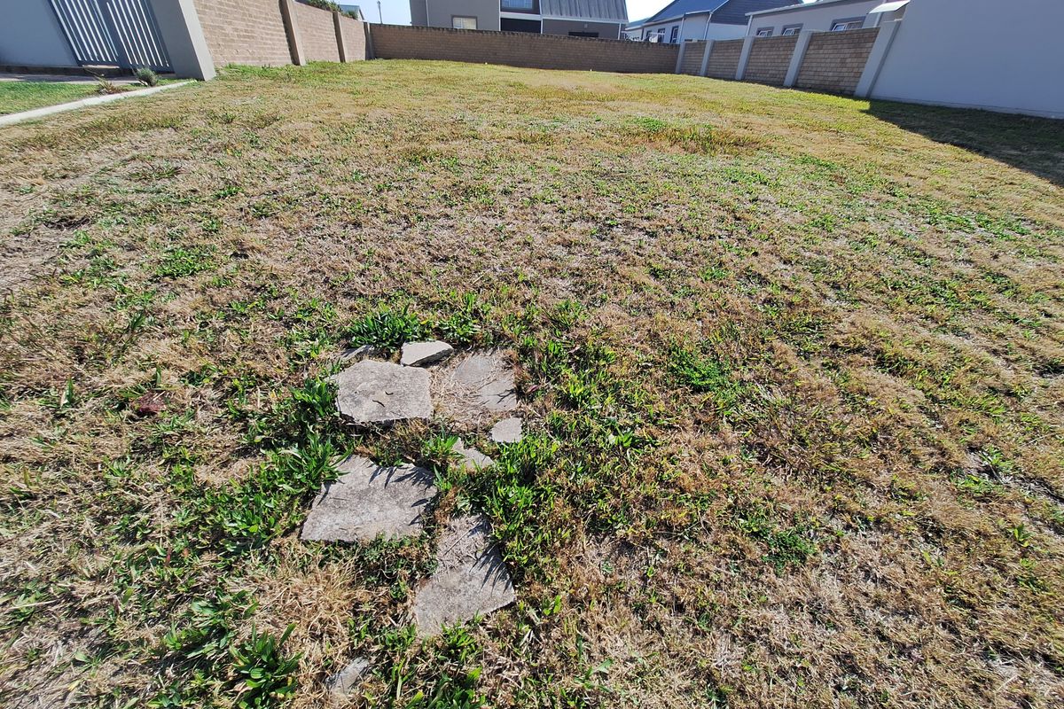 A vacant residential plot featuring a perimeter masonry wall and metal gate, currently covered in dry, overgrown grass.
