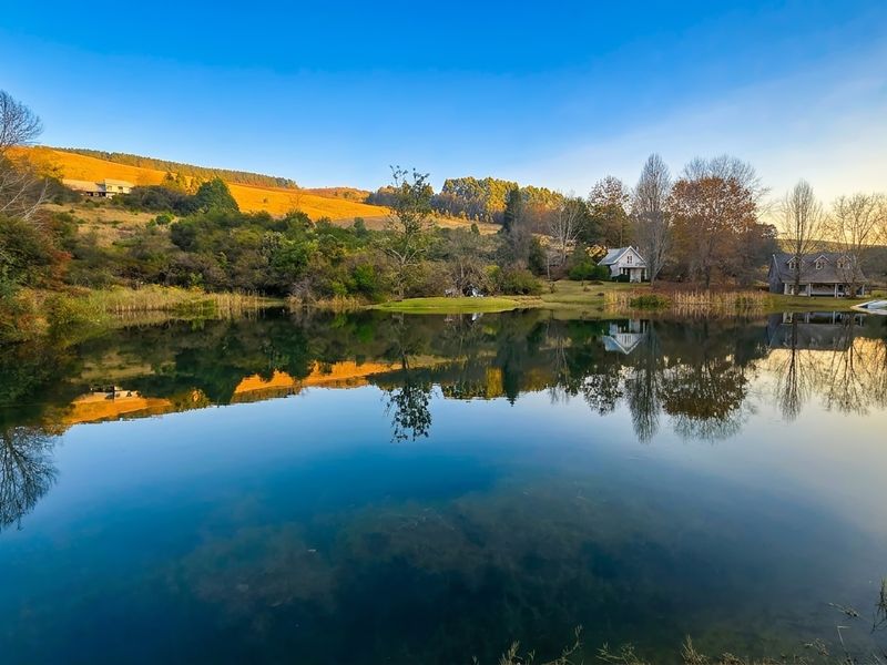 A scenic view of a tranquil dam on the small holding, reflecting the surrounding landscape and established trees at sunset.