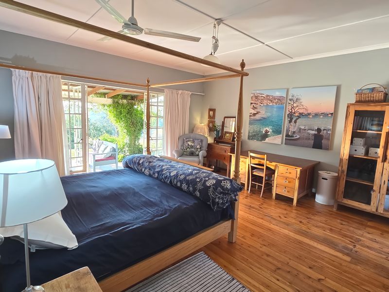 Spacious bedroom featuring warm hardwood flooring, a ceiling fan, and direct access to a covered patio through classic french doors.