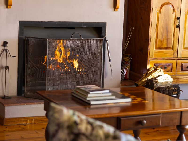 A cozy living room area featuring a traditional built-in fireplace with a metal screen and warm wooden flooring.