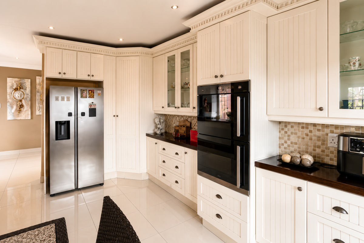 A well-maintained kitchen featuring classic white cabinetry, a double wall oven, tiled backsplash, and polished floor tiles with integrated lighting.