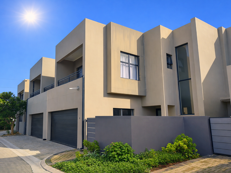 Modern multi-story townhouse exterior featuring a double garage, private balcony, paved driveway, and clean architectural lines with contemporary facade finishes.