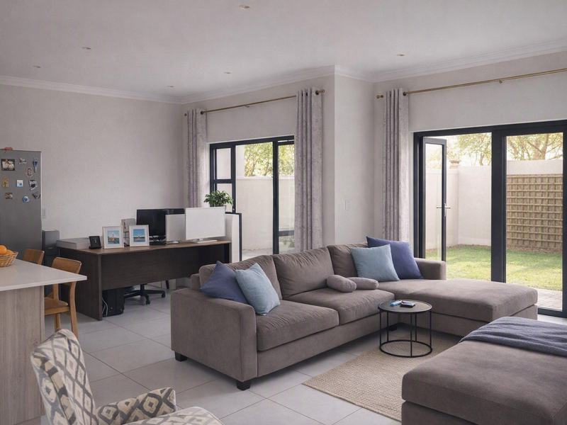 Spacious open-plan living area featuring tiled floors, recessed lighting, and large black aluminium sliding doors providing seamless access to the rear garden.