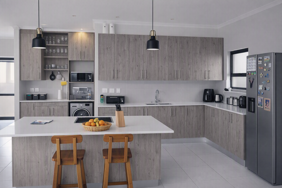 Modern kitchen featuring wood-grain cabinetry, a central island with seating, quartz countertops, integrated appliances, and sleek pendant lighting.