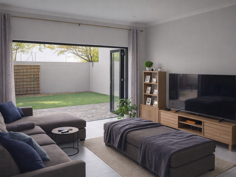 Modern living room featuring large bi-fold doors that open onto a paved patio and private garden area, creating a seamless indoor-outdoor flow.