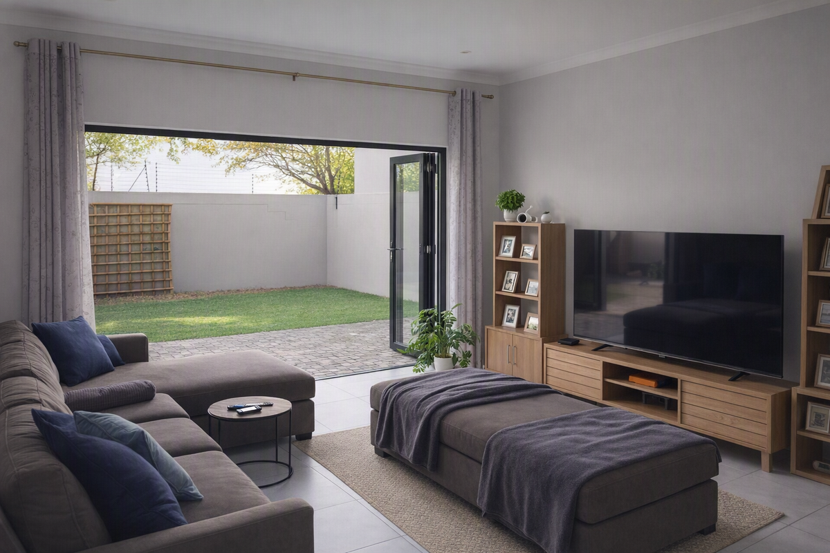 Modern living room featuring large bi-fold doors that open onto a paved patio and private garden area, creating a seamless indoor-outdoor flow.
