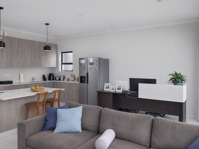 Modern open-plan living area featuring a contemporary kitchen with wood-grain cabinetry, a central island, and neutral finishes throughout.
