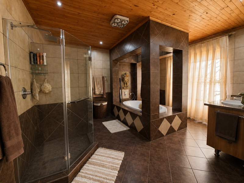 Spacious bathroom featuring a glass-enclosed shower, a central tiled bathtub, and a vanity with an integrated basin under a warm timber ceiling.