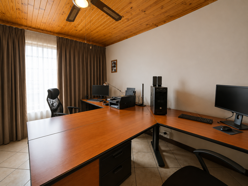 A functional home office featuring ceramic floor tiles, a timber tongue and groove ceiling with a ceiling fan, and large windows with curtains.