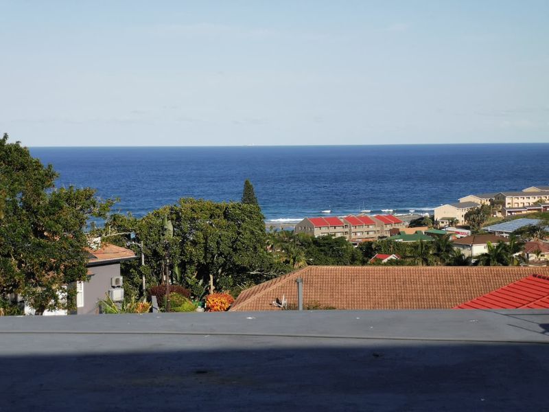 An elevated coastal view overlooking the ocean, surrounding residential rooftops, and lush greenery.