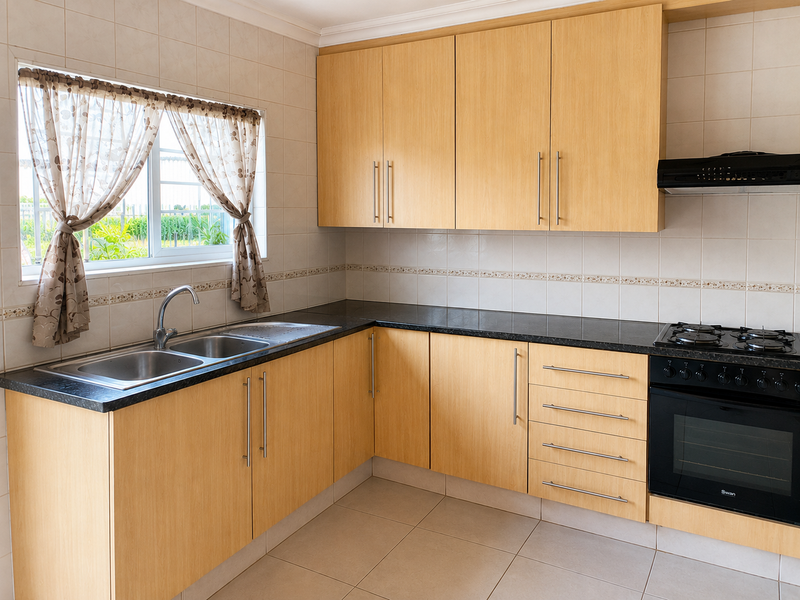 A functional kitchen featuring light wood laminate cabinetry, black granite countertops, a built-in oven with gas hob, and neutral ceramic wall and floor tiling.
