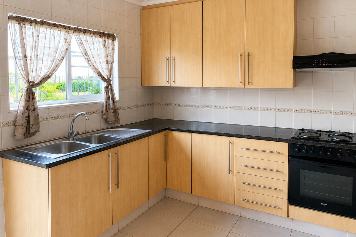 A functional kitchen featuring light wood laminate cabinetry, black granite countertops, a built-in oven with gas hob, and neutral ceramic wall and floor tiling.
