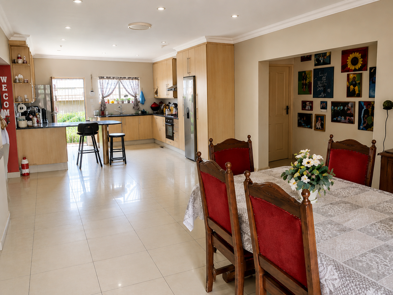 Spacious open-plan kitchen and dining area featuring light wood cabinetry, tiled flooring, and a functional kitchen island with breakfast bar seating.