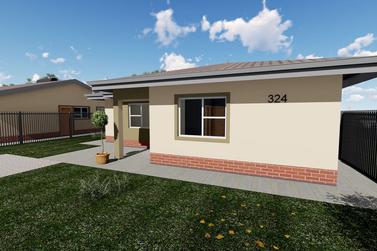 A modern single-story residential unit featuring a brick plinth, tiled roof, and secure metal perimeter fencing.