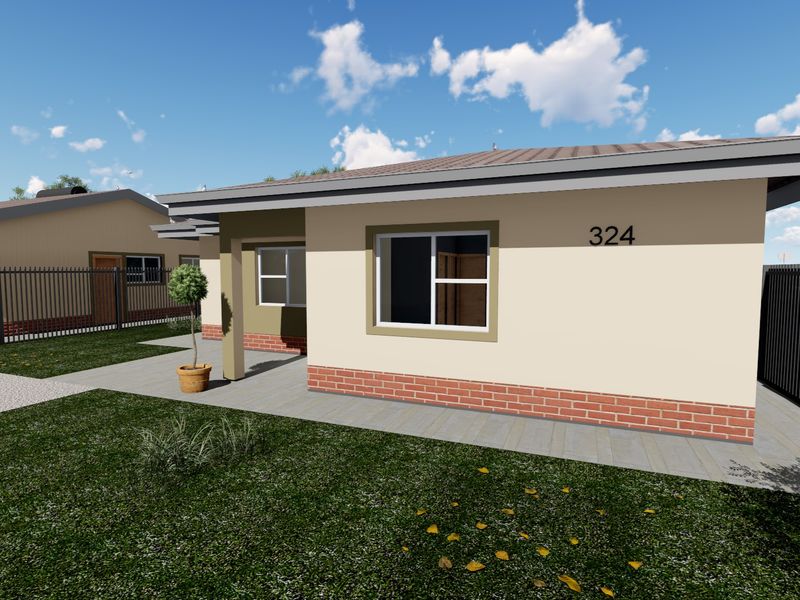 A modern single-story residential unit featuring a brick plinth, tiled roof, and secure metal perimeter fencing.