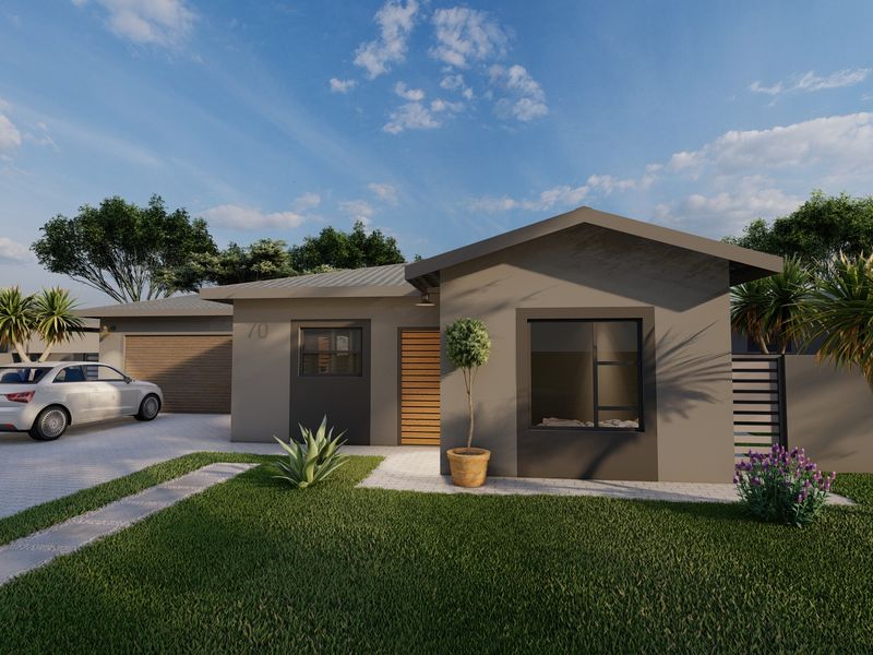 Modern single-story residential facade featuring a paved driveway, integrated garage, and clean architectural lines with contemporary finishes.
