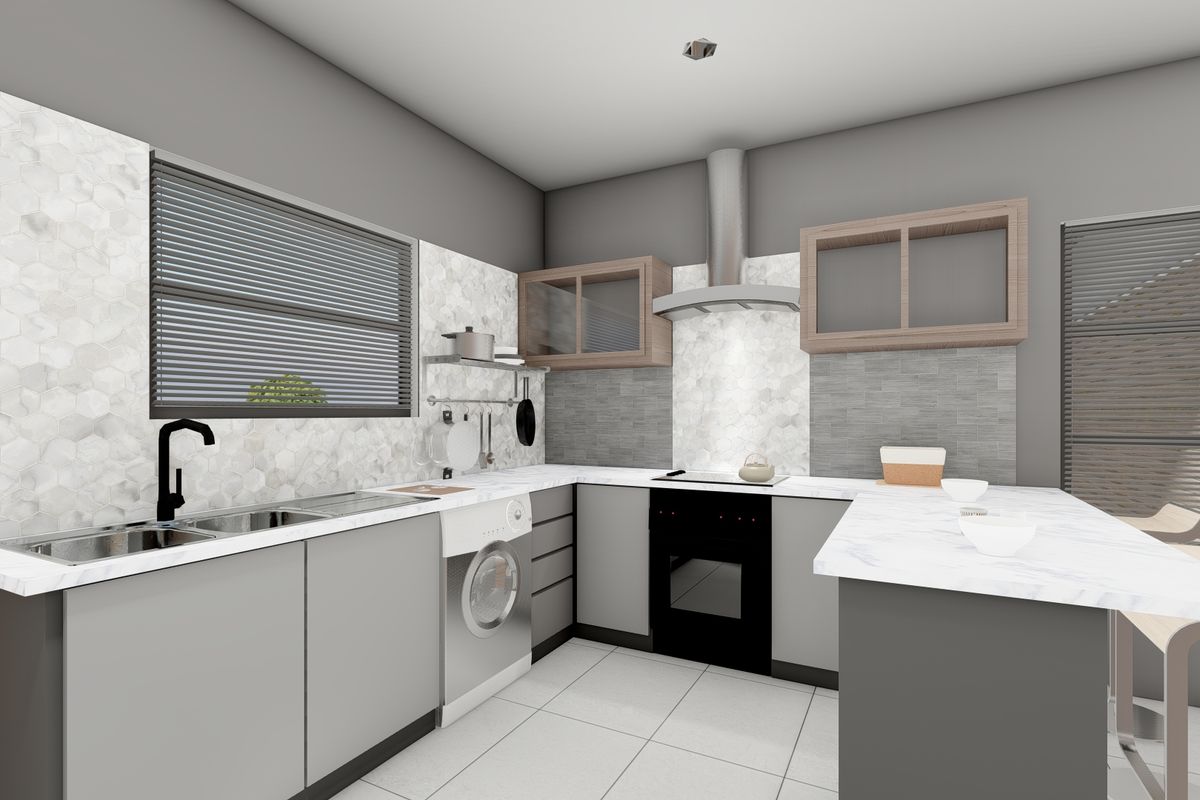Modern kitchen featuring sleek grey cabinetry, marble-look countertops, a built-in oven with extractor fan, and a stylish hexagonal tiled backsplash.
