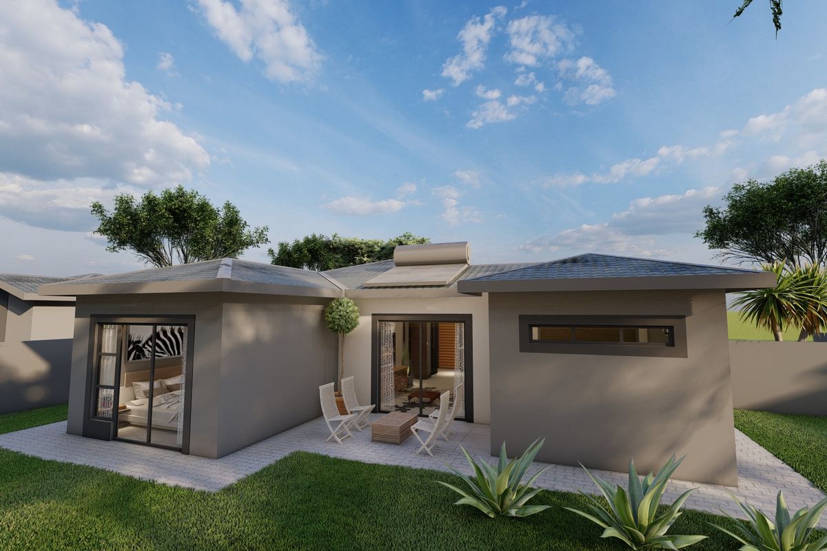 Rear view of a modern single-story house featuring a paved patio, sliding glass doors, and a solar water heater installation.