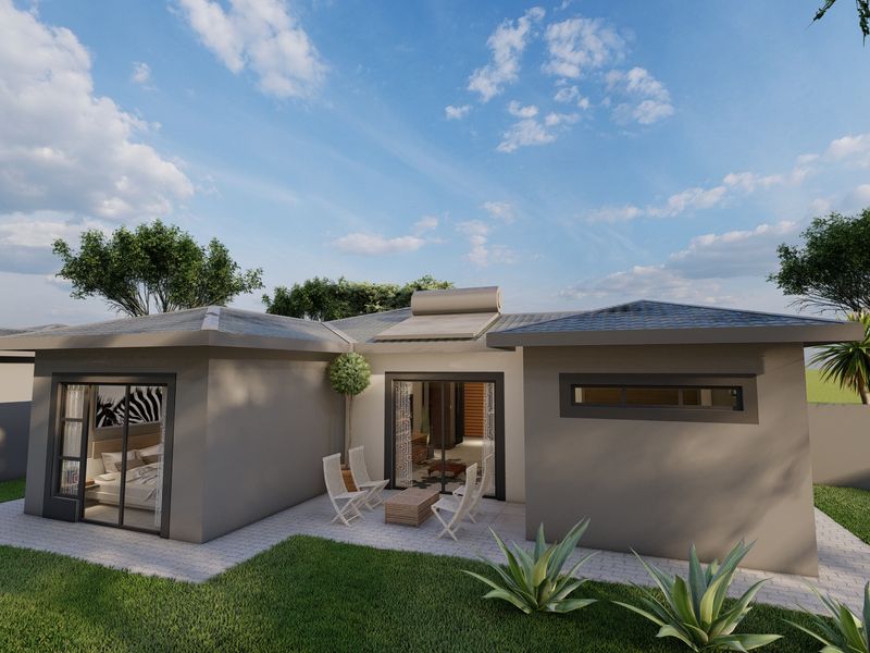 Rear view of a modern single-story house featuring a paved patio, sliding glass doors, and a solar water heater installation.