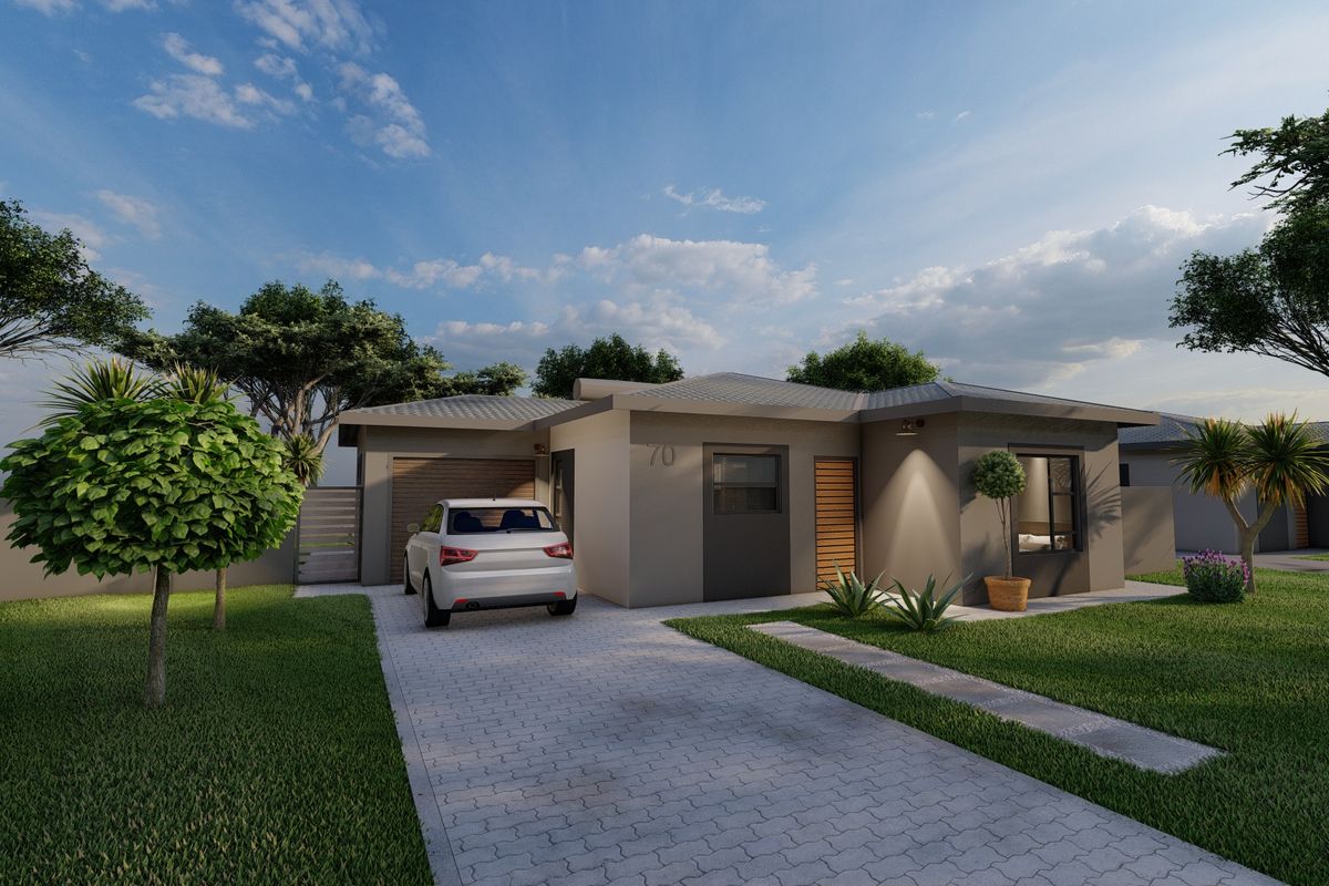 A modern single-story residential house featuring a paved driveway, integrated garage, and clean architectural lines with landscaped surroundings.