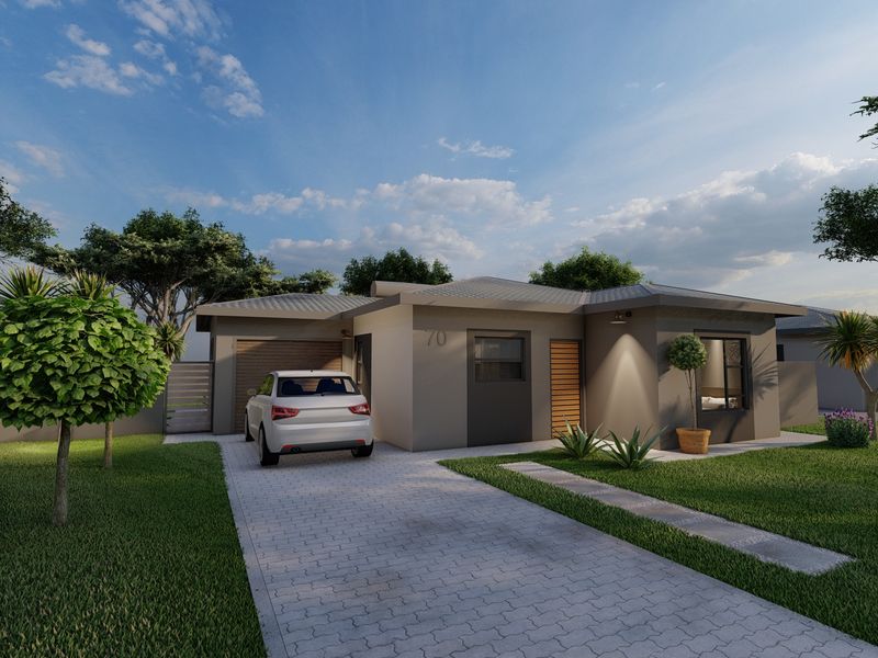 A modern single-story residential house featuring a paved driveway, integrated garage, and clean architectural lines with landscaped surroundings.