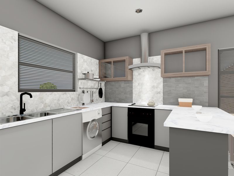 Modern kitchen featuring sleek grey cabinetry, marble-look countertops, a built-in oven with extractor fan, and a stylish hexagonal tiled backsplash.