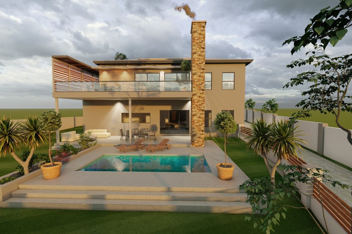 A modern double-story residence featuring a rear patio, swimming pool, stone-clad chimney, and an expansive upper-level balcony with glass balustrades.