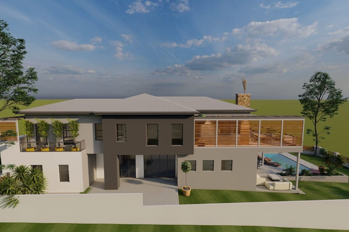 A 3D architectural rendering of the rear elevation featuring a modern two-story design, swimming pool, and covered patio area.