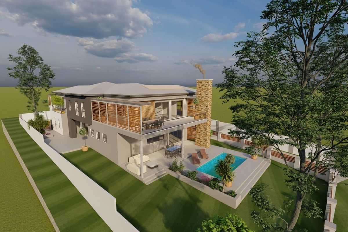 Aerial perspective of a modern two-story residence featuring a swimming pool, stone chimney, and spacious outdoor entertainment areas.