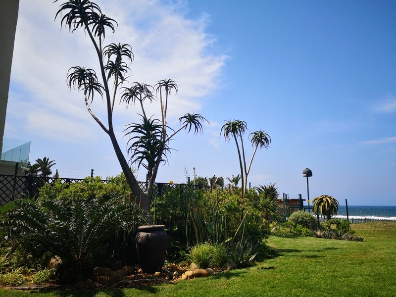 A well-maintained garden area featuring established trees, shrubs, and lawn, with perimeter fencing and a view towards the ocean.