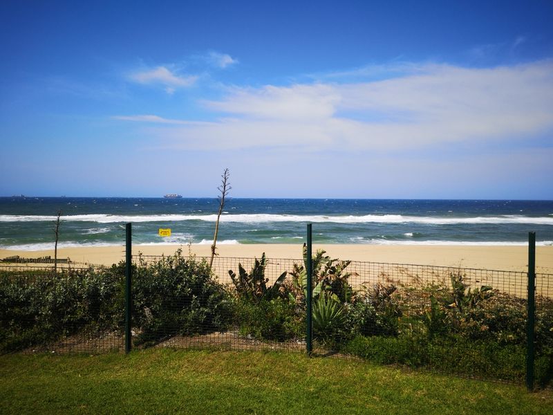 A scenic view of the ocean and sandy beach, framed by a wire mesh fence and coastal garden vegetation.