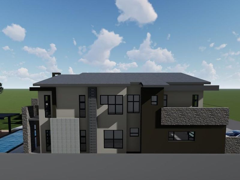 A 3D architectural rendering of the rear elevation of a modern residential property, featuring a swimming pool and covered patio area.