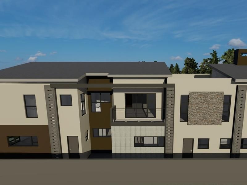 A 3D architectural render of a modern residential property featuring stone cladding, a balcony, and a contemporary facade design.