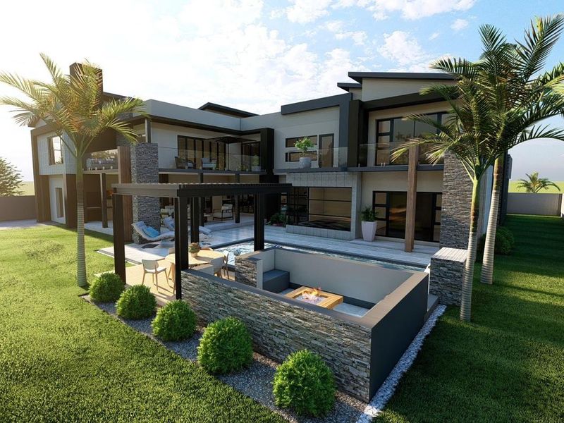A modern luxury residence featuring a rear garden with a swimming pool, sunken fire pit, stone-clad accents, and a covered patio area.
