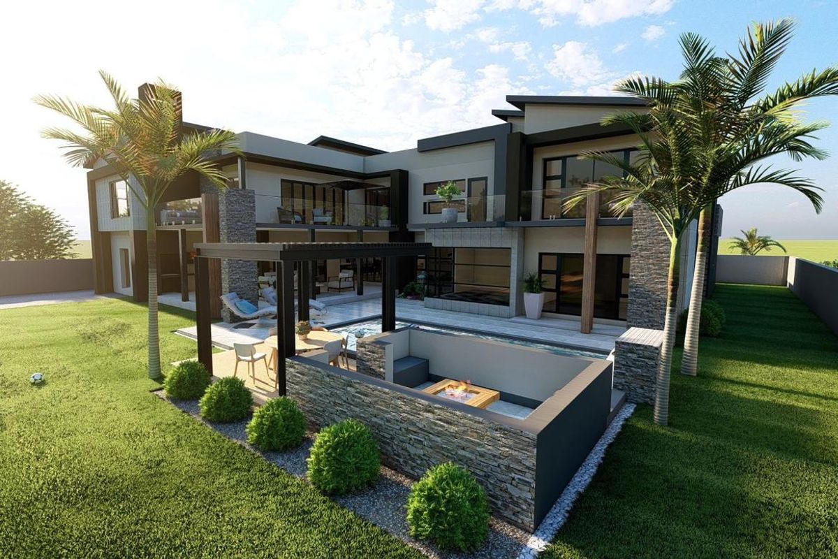 A modern luxury residence featuring a rear garden with a swimming pool, sunken fire pit, stone-clad accents, and a covered patio area.