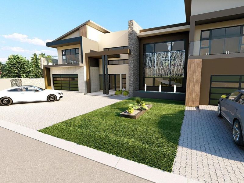 Modern architectural front elevation featuring stone cladding, a water feature, glass balustrades, and a paved driveway with double garage access.