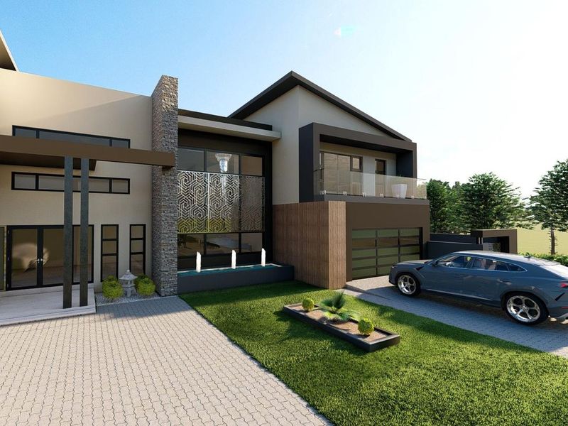 A modern architectural front elevation featuring stone accents, a water feature, a paved driveway, and a balcony with glass railings.