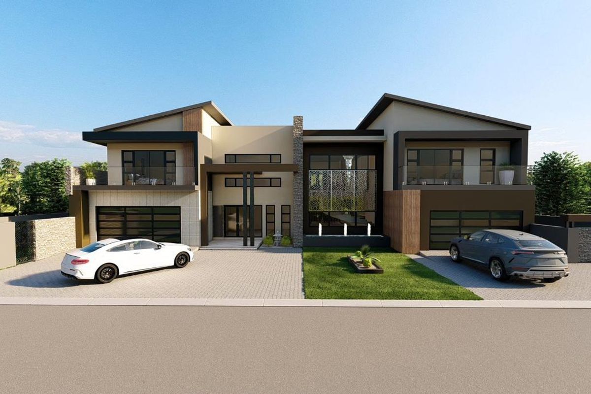 A modern double-story residential facade featuring a paved driveway, double garages, and contemporary architectural design elements.